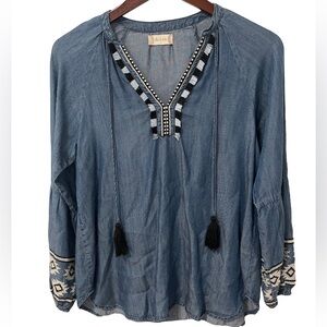 Altar’d State Women’s Small Denim Boho Long Sleeve Top Black White Accents